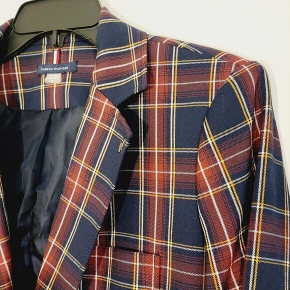 Tommy Hilfiger Navy Red Royal Stewart Plaid Professor Patch Elbow Blazer Size 8 - Picture 2 of 13